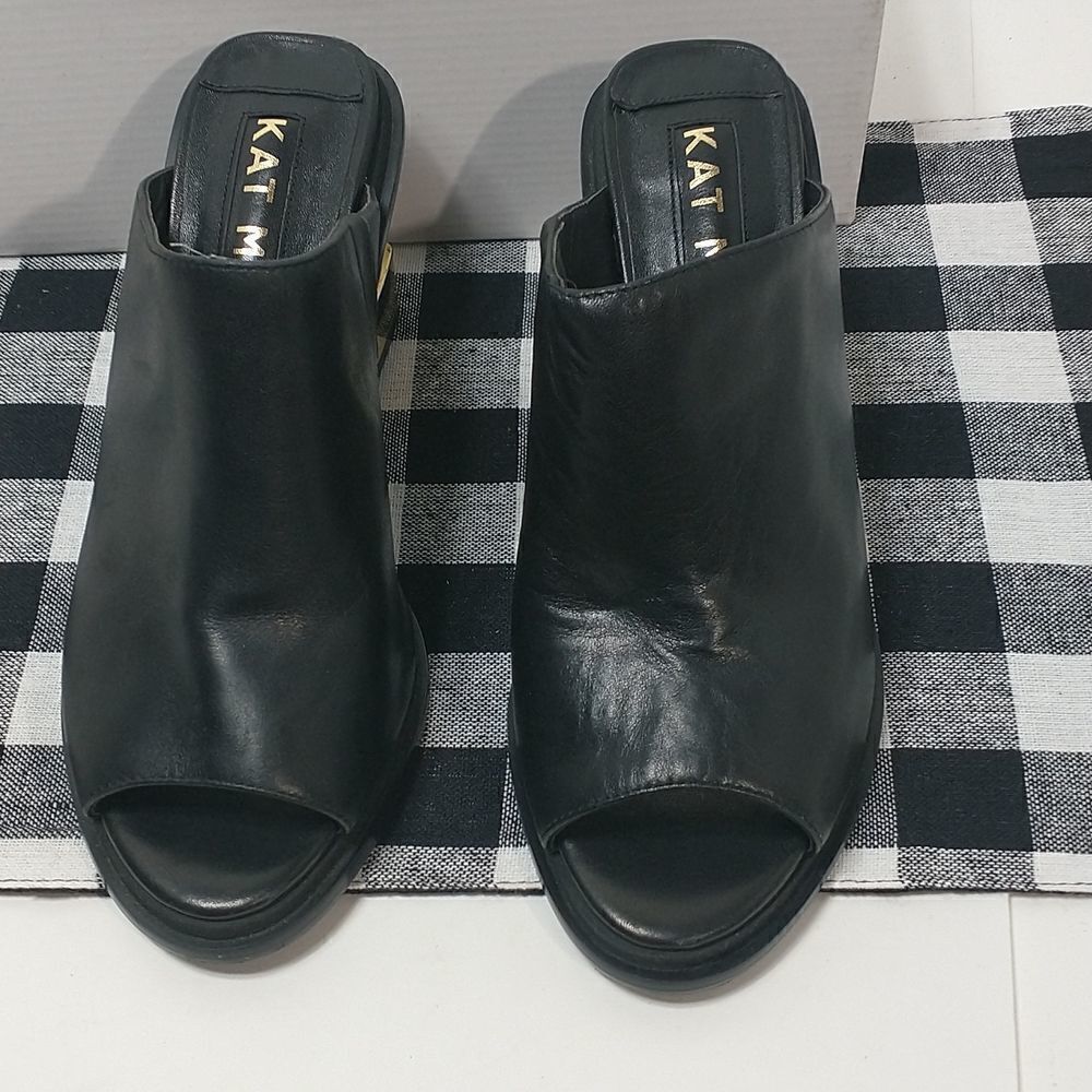 Kat Maconie Womens Sandal Block Heels Shoes Black Leather Slip On Peep Toe 8 - Picture 4 of 10